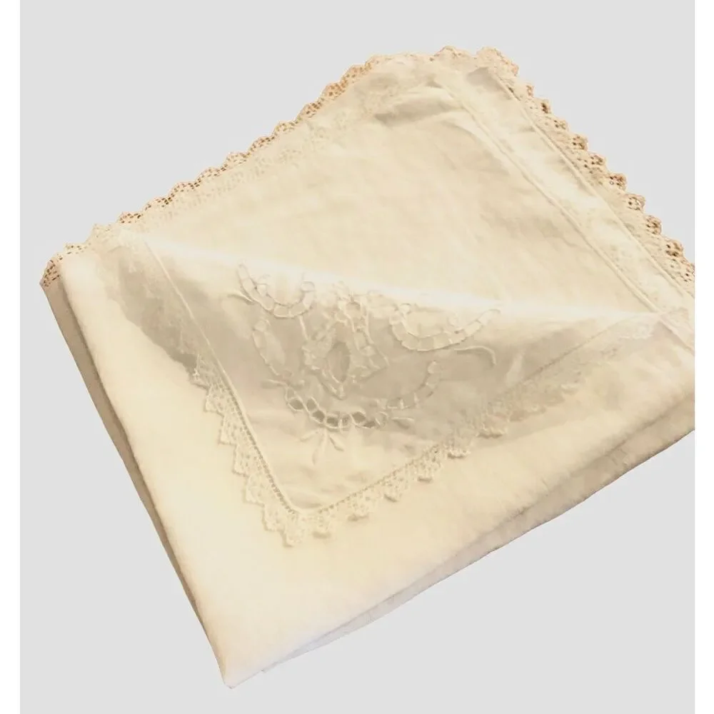 Set of 6 Vintage White Cotton Dinner Napkins w lace cutout details—17” Square